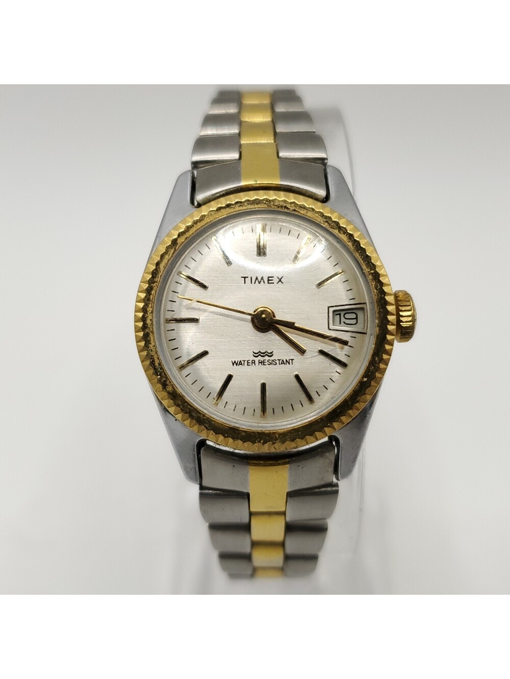 Timex Mechanical Date Dial Two-Tone Fluted Bezel Womens Watch 24mm Running